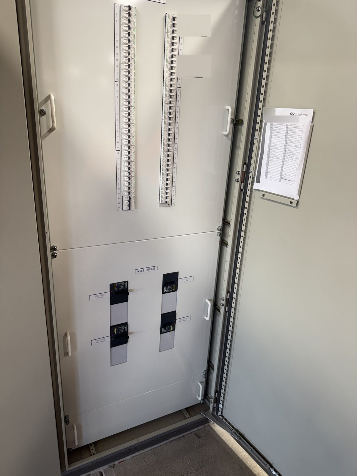 Distribution board with numbered MCB chassis and the circuit legend card in its holder